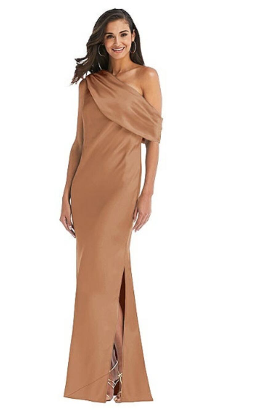 SOCIAL BRIDESMAID Maxi Dress 8210 Large Toffee Gold Side Slit Hem Off Shoulder